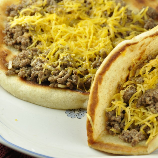 Cheeseburger Flatbread Melts. Variation of tacos and sloppy joes. Very kid-friendly.