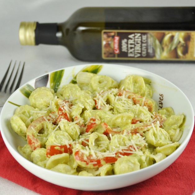 Red Pepper Pasta with Avocado Cream Sauce