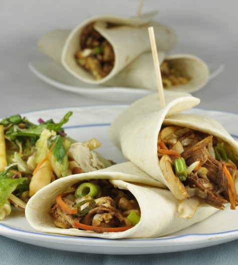 Asian Chicken Wraps in flour tortillas. Served with Chinese Chicken Salad. Delicious and easy!