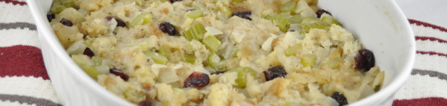 Homemade Bread Stuffing for Thanksgiving with craisins, onions, celery and poultry seasoning. Perfect for a smaller turkey!