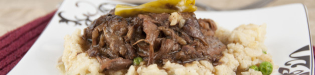 Slow Cooker Mississippi Pot Roast Recipe served over baked parmesan risotto (crock pot)