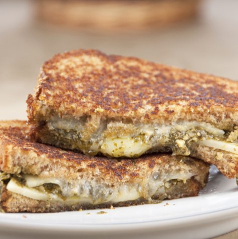 Spinach-Basil Pesto Grilled Cheese Sandwich Recipe for National Grilled Cheese Month in April