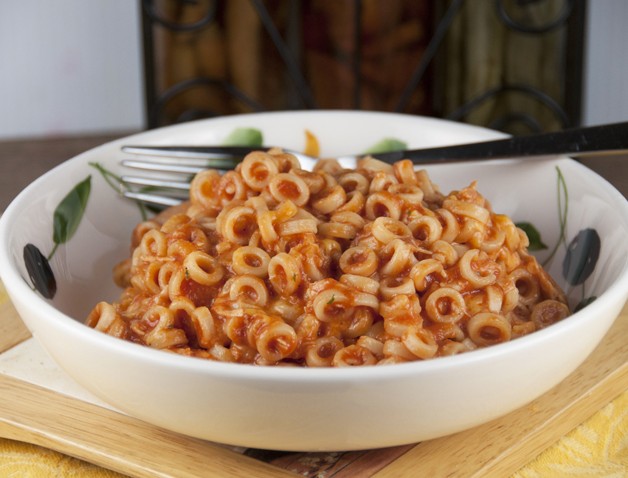 Cheesy Homemade SpaghettiOs Recipe where you can add chicken to make it a dinner with protein.