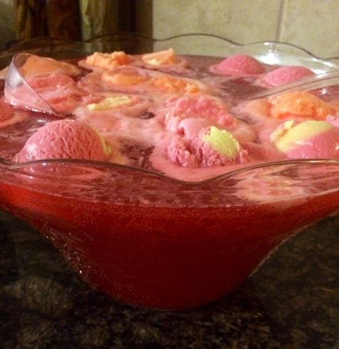 Easy Strawberry or Raspberry Sherbet Party Punch recipe for a holiday party, birthday, wedding.