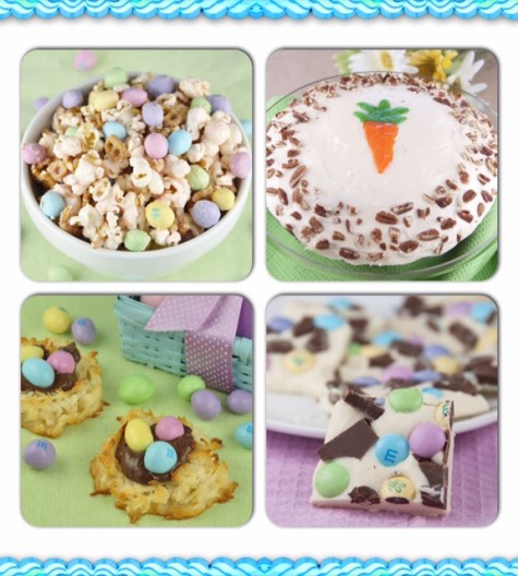 A collection of Easter recipe ideas for dessert, main course, appetizer, and drink.
