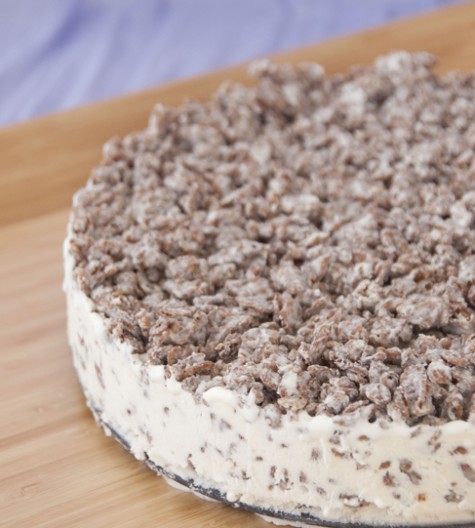 Cocoa Pebbles Ice Cream Cake is a quick and easy dessert recipe incorporating your favorite kid cereal with vanilla ice cream and melted white chocolate.