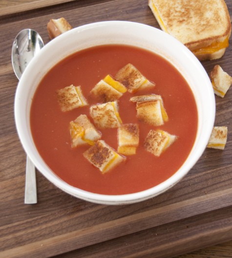 Easy Tomato Soup and Grilled Cheese Croutons is a creative lunch or dinner recipe that will warm you up on a cold day!