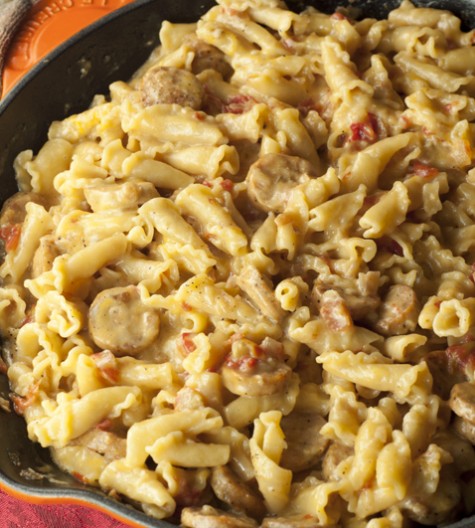 Creamy, Cheesy Chicken Sausage Pasta Skillet recipe is all made in one skillet and comes together in just 20 minutes!