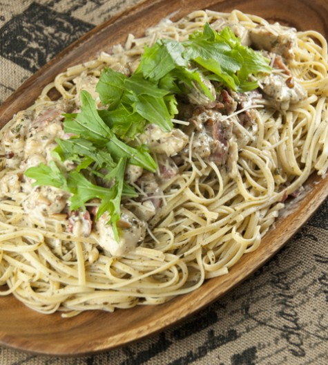 Creamy Chicken Bellagio dinner Cheesecake Factory recipe is chicken and pasta dish with crispy, juicy pan-fried chicken, spaghetti coated in a creamy Parmesan pesto cream sauce and topped with prosciutto and a simple arugula salad!