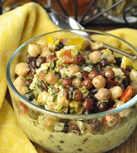 Summer Chickpea Black Bean Salad recipe that is low in fat and high in protein and makes an amazing side dish for your summer picnics or BBQ! You could also serve this alone or pair it with some a toasted baguette or bread to make a great appetizer or snack.