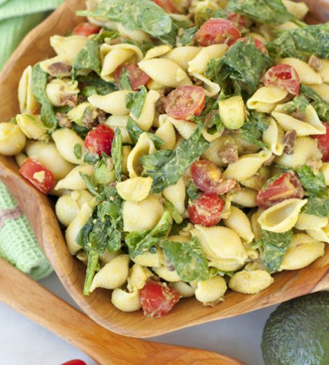 Avocado BLT Pasta Salad recipe is the popular combination of bacon, lettuce and tomato mixed with a creamy avocado dressing in this crowd-pleasing side dish!
