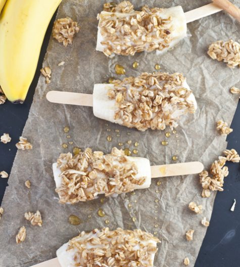 Banana Nut Yogurt Breakfast Pops are a healthy snack or breakfast idea for adults or kids with bananas, Greek yogurt, granola and drizzled with h