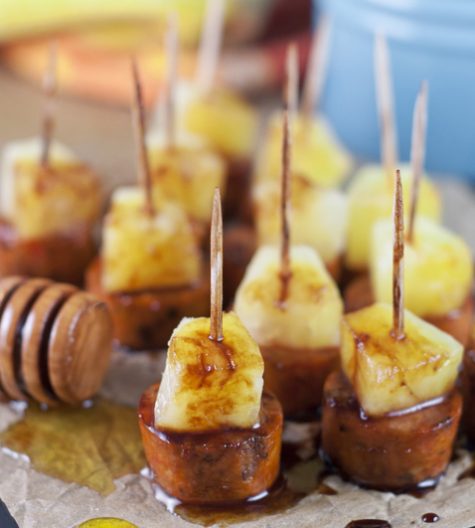 Glazed Chicken Sausage Pineapple Bites are an easy sweet & savory recipe to throw together at the last minute and make for a great party, holiday or game day appetizer!