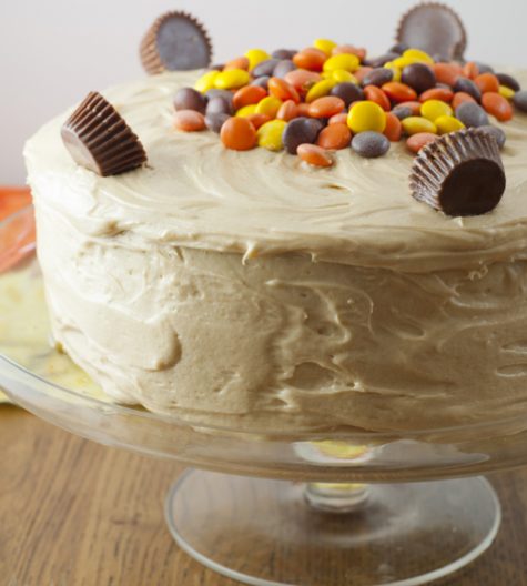 A 5-star dessert recipe for Reese's Double Peanut Butter Layered Cake topped with peanut butter frosting, Reese's Pieces, and Reese's peanut butter cups!