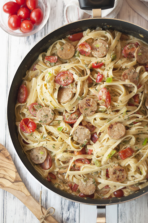 One Pan Sausage Pepper Fettuccine Skillet {Wishes & Dishes}