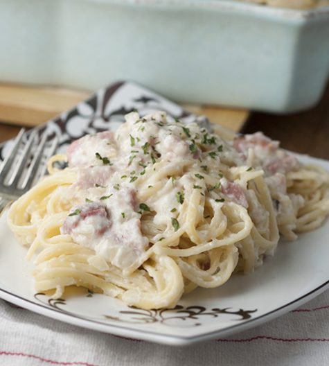 Creamy Baked Ham Fettuccine Alfredo is an easy to make comfort food pasta dish using leftover ham that will leave your family asking for seconds!