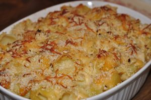 This is a creamy baked autumn mac and cheese recipe made with butternut squash, brussels sprouts, and chicken. This is a great fall comfort food recipe!