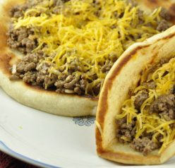 Cheeseburger Flatbread Melts recipe. Variation of tacos and sloppy joes. Very kid-friendly.