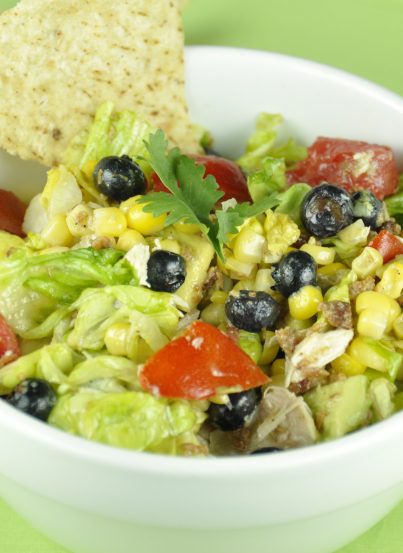 Summertime Grilled Corn, Chicken + Blueberry Chopped Salad with Honey Lime Vinaigrette