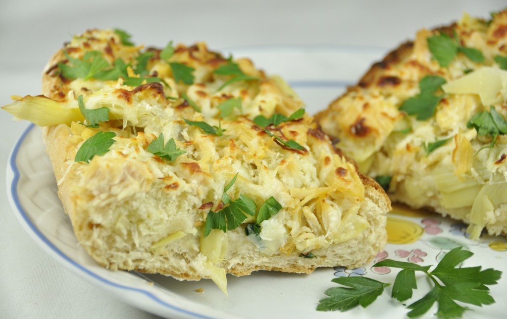 Cheesy Artichoke French Bread Pizza with Panko bread crumbs