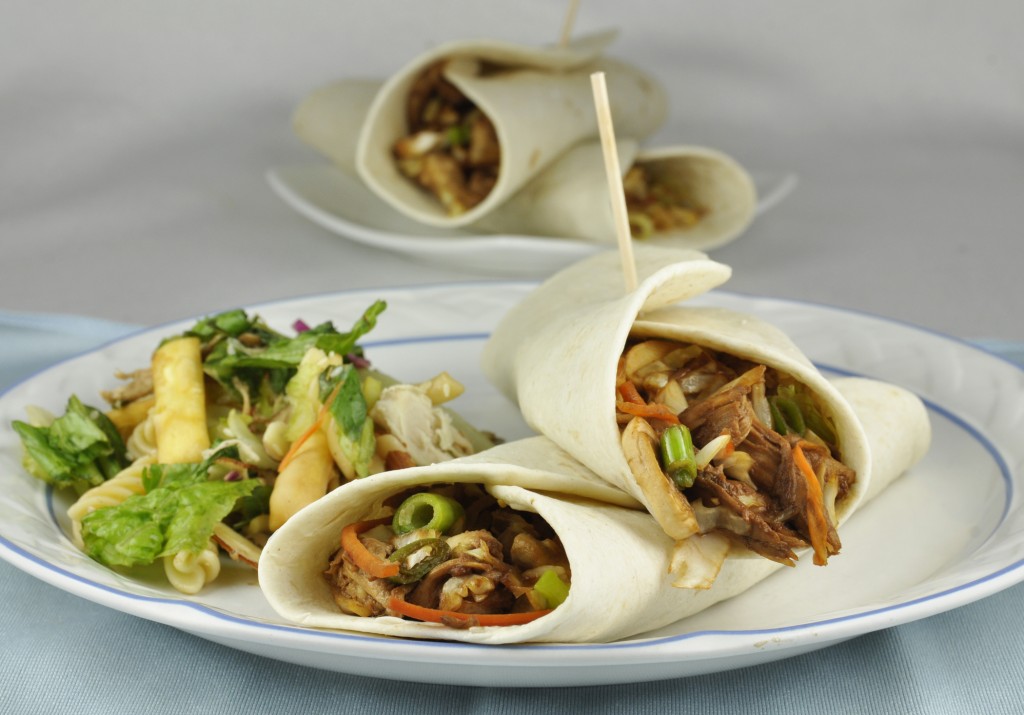 Asian Chicken Wraps in flour tortillas. Served with Chinese Chicken Salad.  Delicious and easy!