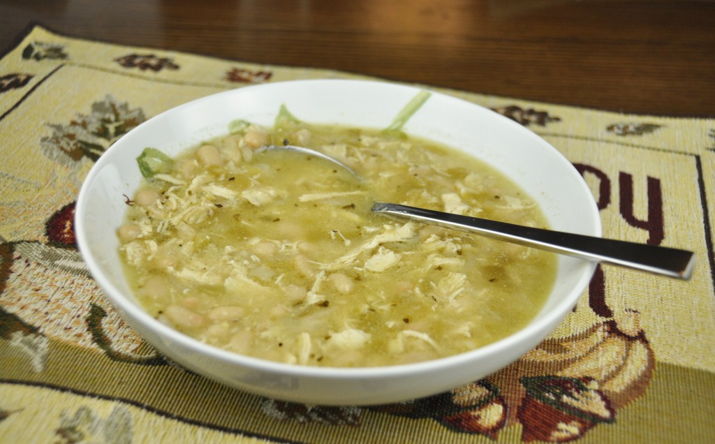 Chili Verde made with green chilis and great northern beans. Great to warm up on a cold day!