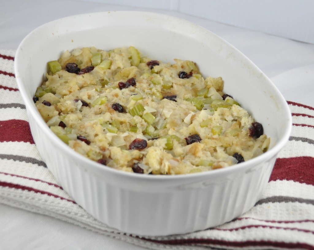 Homemade Bread Stuffing for Thanksgiving with craisins, onions, celery and poultry seasoning.  Perfect for a smaller turkey!