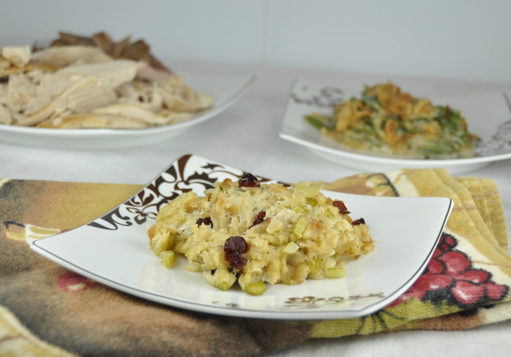 Homemade Bread Stuffing for Thanksgiving with craisins, onions, celery and poultry seasoning.  Perfect for a smaller turkey!