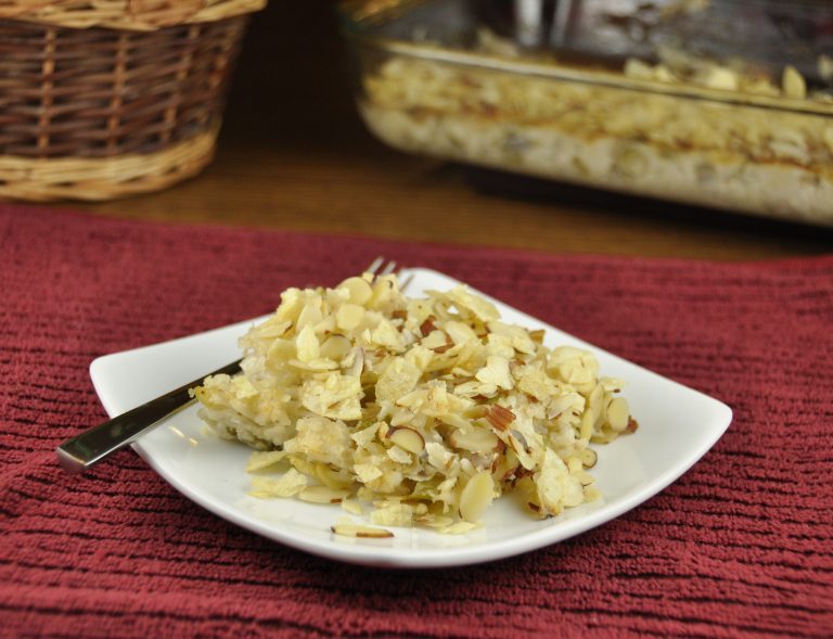 Almond Chicken and Rice Casserole with almond and chips as a crunchy topping!