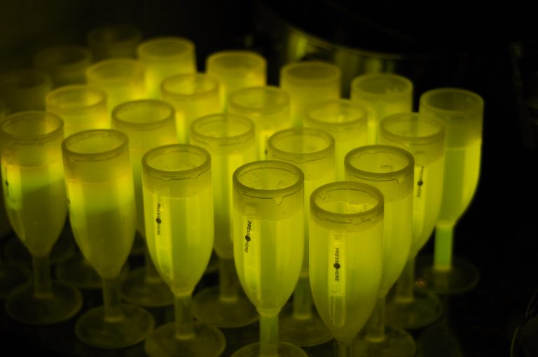 The glowing yellow champagne glasses at our New Year's Eve party