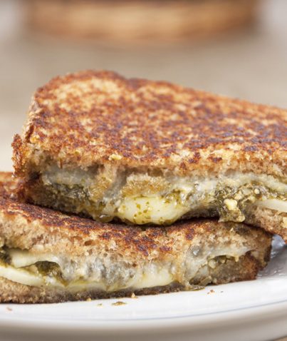 Spinach-Basil Pesto Grilled Cheese Sandwich Recipe for National Grilled Cheese Month in April