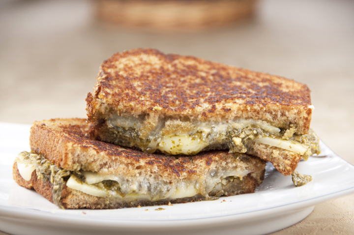 Spinach-Basil Pesto Grilled Cheese Sandwich for National Grilled Cheese Month in April