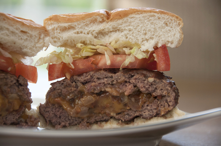 Bacon, Onion and Cheese Stuffed Burger Recipe for summer grilling.  Can also make on stove top in a grill pan.