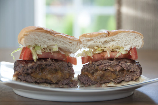 Bacon, Onion and Cheese Stuffed Burger Recipe for summer grilling. Can also make on stove top in a grill pan.