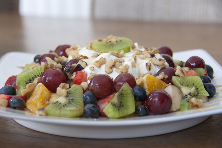 Fruit and Nut Salad made with fresh fruits, walnuts, and raw honey.  Perfect breakfast, healthy dessert, or snack.