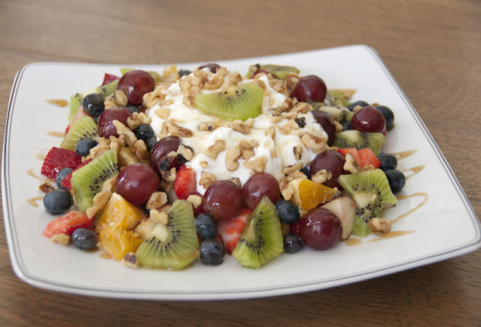 Fruit and Nut Salad made with fresh fruits, walnuts, and raw honey. Perfect breakfast, healthy dessert, or snack.