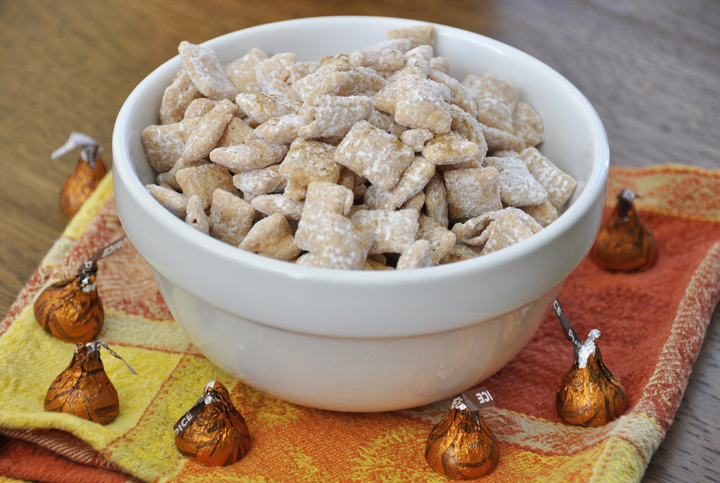 Pumpkin Spice Puppy Chow (Muddy Buddies) Recipe. Perfect for Halloween or fall!