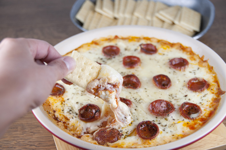 Cheese + Pepperoni Pizza Dip Appetizer Recipe for a party or holiday.