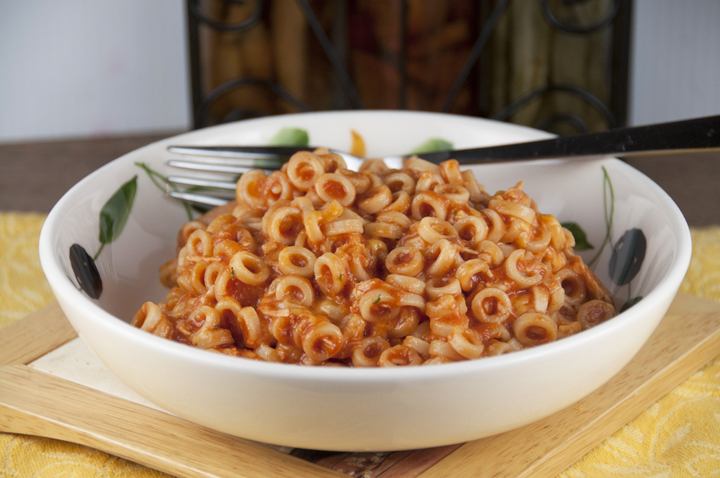 Cheesy Homemade SpaghettiOs Recipe where you can add chicken to make it a dinner with protein.