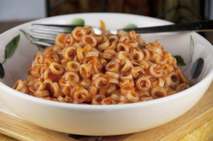 Cheesy Homemade-SpaghettiOs-Recipe where you can add chicken to make it a dinner with protein.