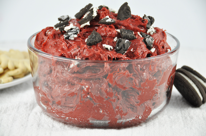 Red Velvet Oreo Cookie Dip Recipe for Valentine's Day or Christmas holiday. Dessert dip or Party Dip.