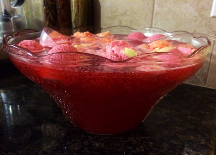 Easy Strawberry or Raspberry Sherbet Party Punch recipe for a holiday party, birthday, wedding.