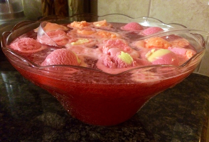 Easy Strawberry or Raspberry Sherbet Party Punch recipe for a holiday party, birthday, wedding.