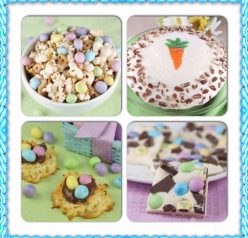 A collection of Easter recipe ideas for dessert, main course, appetizer, and drink.