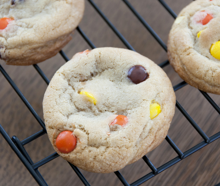 Soft Baked Reese's Pieces Cookie Recipe.  No mixer required and easy dessert!