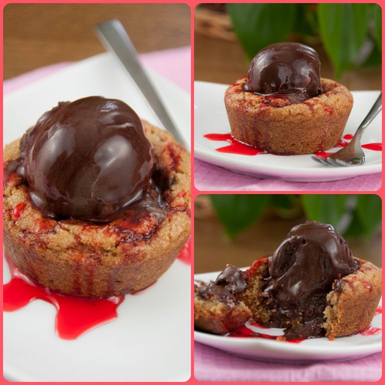 Giant Chocolate Chip Cookie Cups recipe a la mode topped with dark chocolate ice cream and finished up with a drizzle of strawberry syrup. Great for Valentine's day.