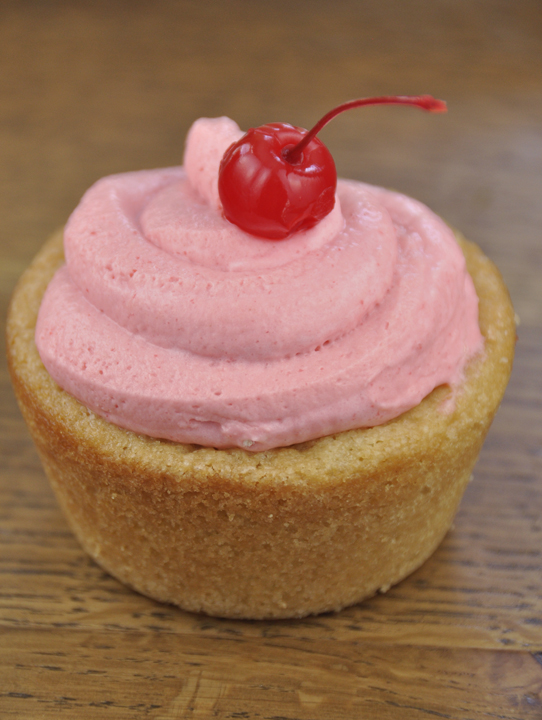 Giant Cherry Mousse Sugar Cookie Cups with rich, fresh cherry mousse filling inside a jumbo sugar cookie cup. Easy spring or summer dessert recipe.