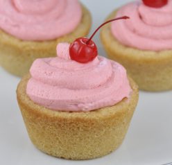 Giant Cherry Mousse Sugar Cookie Cups with rich, fresh cherry mousse filling inside a jumbo sugar cookie cup. Easy spring or summer dessert recipe.