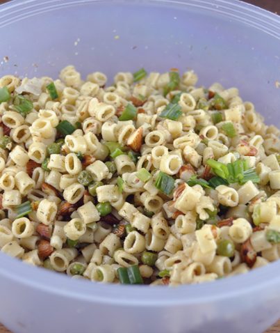 Pasta with Peas Smoked Almonds and Dill recipe makes a great side dish when grilling out. Can also be a main vegetarian course.