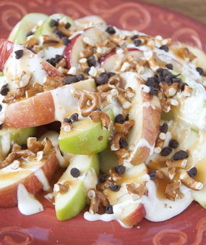 Sweet and Salty Apple Nachos Recipe. If you love caramel apples, you will love these "nachos" for snack or dessert.